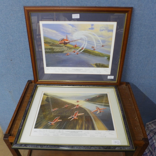 420A - Two framed and signed aircraft prints; Lancaster Salute, by Mark Postlethwaite, 555/1000 with many s... 