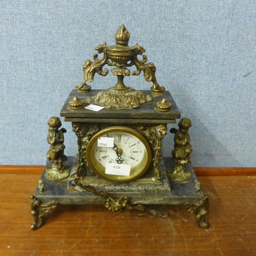 458 - A French marble and bronze mantel clock, with quartz movement