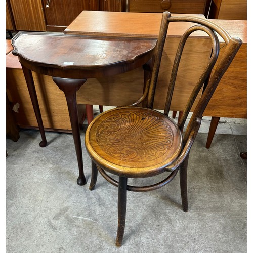 218 - A beech bentwood chair and walnut demi-lune table