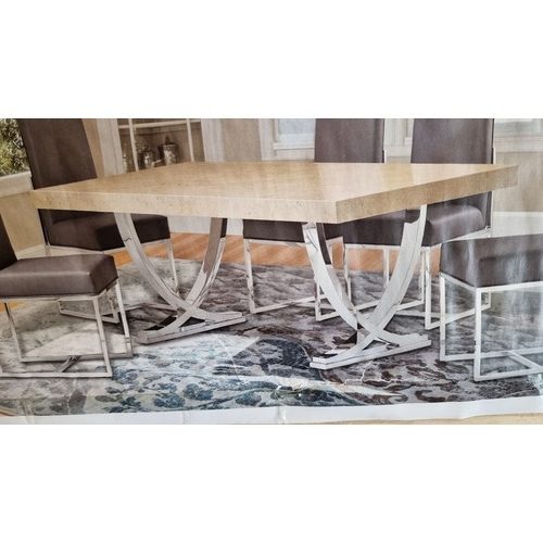 1505 - A 7ft Cream marble effect dining table on chrome legs