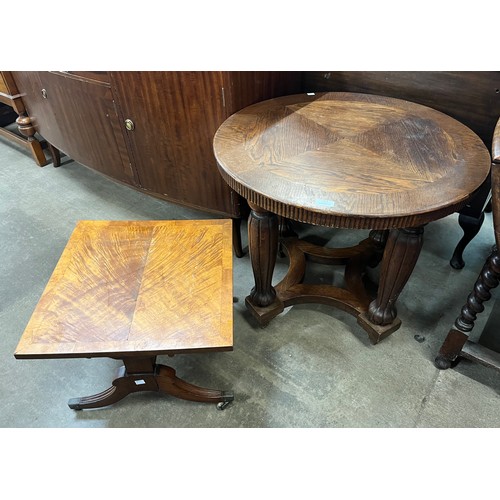 252 - A carved oak circular coffee table and a walnut coffee table