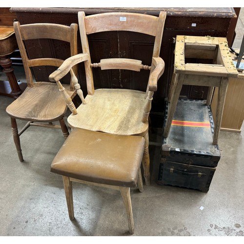 324 - Two Victorian kitchen chairs, a painted box and a pair of stools