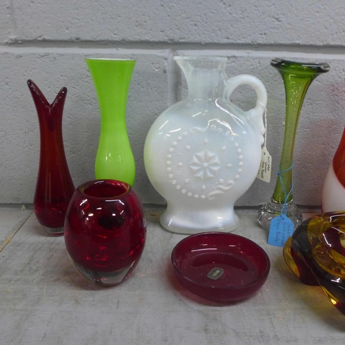 1067 - A box of mixed coloured glass including Murano clown, West German vase, Swedish bud vases **PLEASE N... 