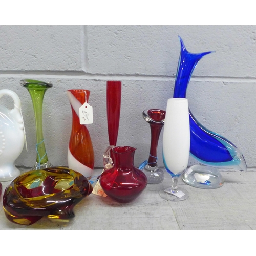 1067 - A box of mixed coloured glass including Murano clown, West German vase, Swedish bud vases **PLEASE N... 