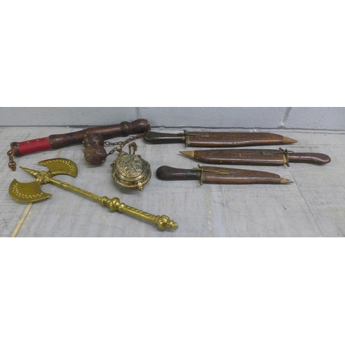 1068 - A brass axe, three carving knives, flail and a plated flask **PLEASE NOTE THIS LOT IS NOT ELIGIBLE F... 