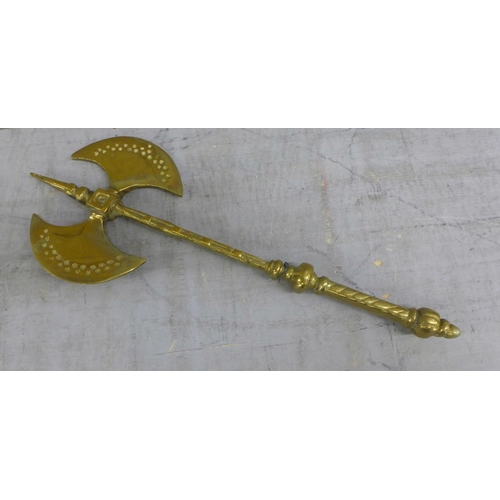 1068 - A brass axe, three carving knives, flail and a plated flask **PLEASE NOTE THIS LOT IS NOT ELIGIBLE F... 