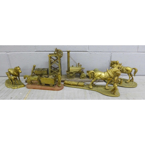 1071 - Mixed brass models including rocket, coal mining and blacksmith **PLEASE NOTE THIS LOT IS NOT ELIGIB... 