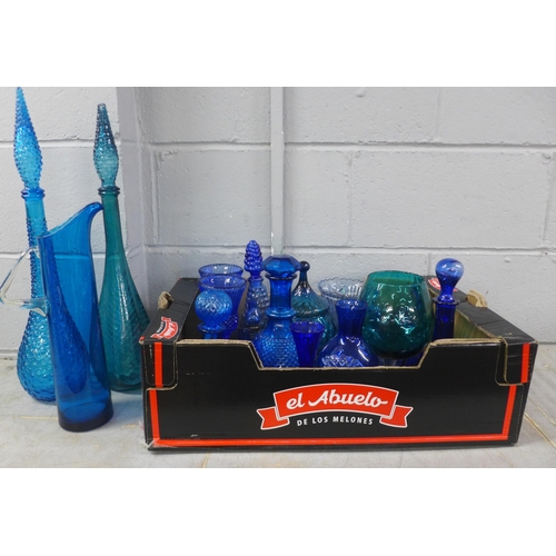 1080 - Two boxes of blue and turquoise glass, decanters, vases, bowl, etc. **PLEASE NOTE THIS LOT IS NOT EL... 