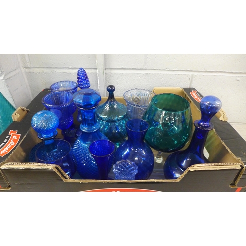 1080 - Two boxes of blue and turquoise glass, decanters, vases, bowl, etc. **PLEASE NOTE THIS LOT IS NOT EL... 