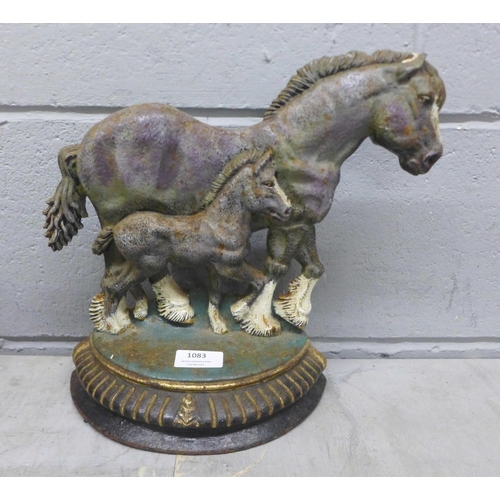 1083 - A horse door stop, two resin horse heads, a resin horse head on marble base and a set of Thornton & ... 