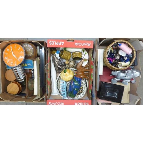 1090 - Four boxes of assorted items; haberdashery, mixed china, Torquay pottery vase, cash's woven pictures... 