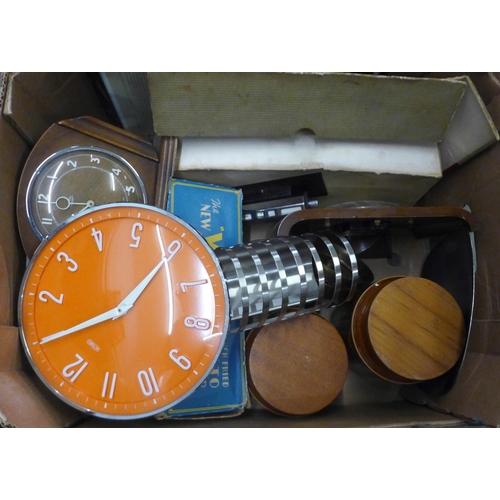 1090 - Four boxes of assorted items; haberdashery, mixed china, Torquay pottery vase, cash's woven pictures... 