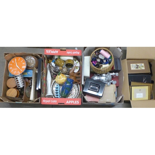 1090 - Four boxes of assorted items; haberdashery, mixed china, Torquay pottery vase, cash's woven pictures... 