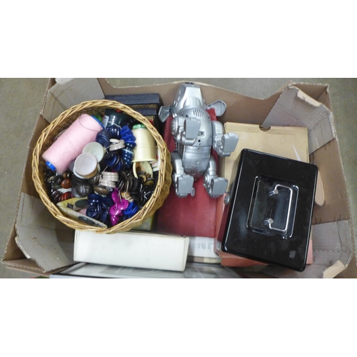 1090 - Four boxes of assorted items; haberdashery, mixed china, Torquay pottery vase, cash's woven pictures... 