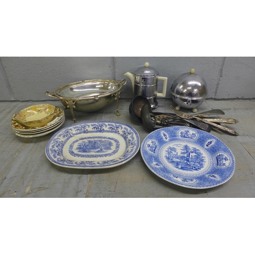 1094 - A plated dish, flatware, a chrome pot, china, etc. **PLEASE NOTE THIS LOT IS NOT ELIGIBLE FOR IN-HOU... 