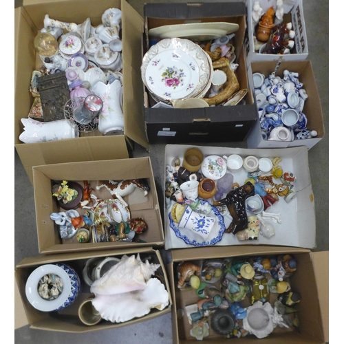 1099 - Eight boxes of mixed household china, ornaments, decorative plates, figures, blue and white china, e... 