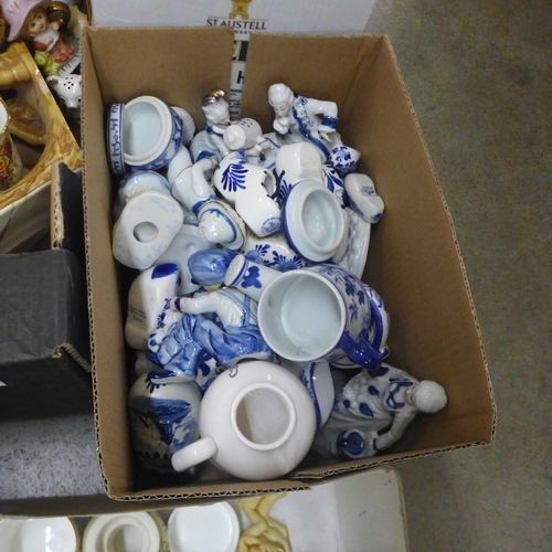 1099 - Eight boxes of mixed household china, ornaments, decorative plates, figures, blue and white china, e... 