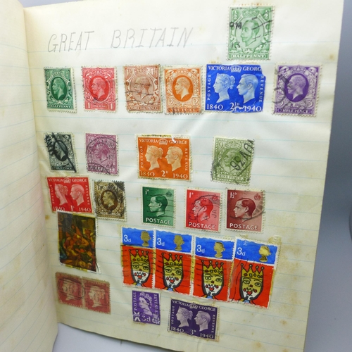 606 - Twenty-one Royal Mail mint stamps and assorted coins, banknotes and album