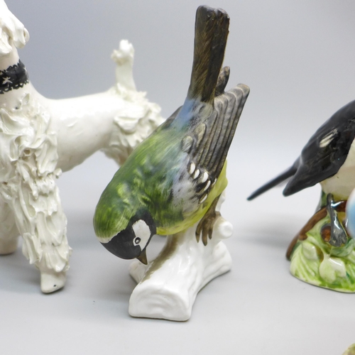 613 - Four Beswick Pottery birds; bullfinch, stonechat, goldcrest and blue tit, a Goebel bird and a studio... 