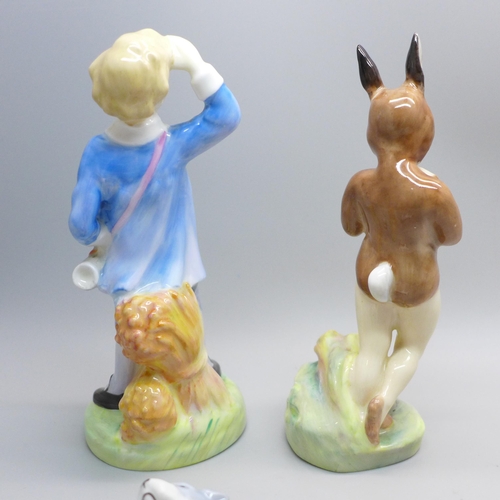 616 - Two Royal Doulton figures, Little Boy Blue and Baby Bunting, and a Royal Doulton figure of a dog