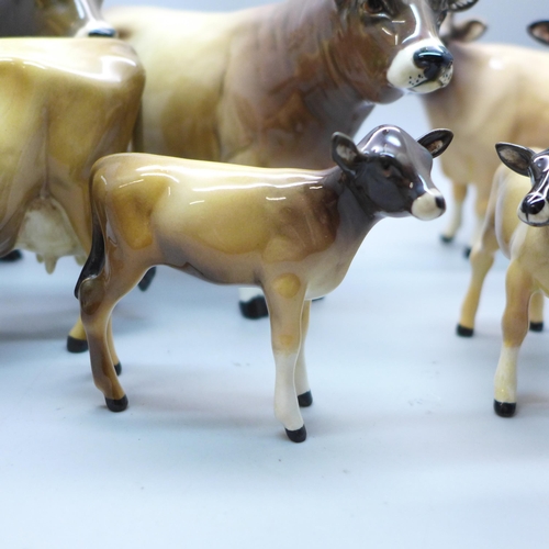 624 - Two Beswick Jersey cow families comprising Ch. Newton Tinkle x3, Ch. Dunsley Coy Boy x2 and two calv... 