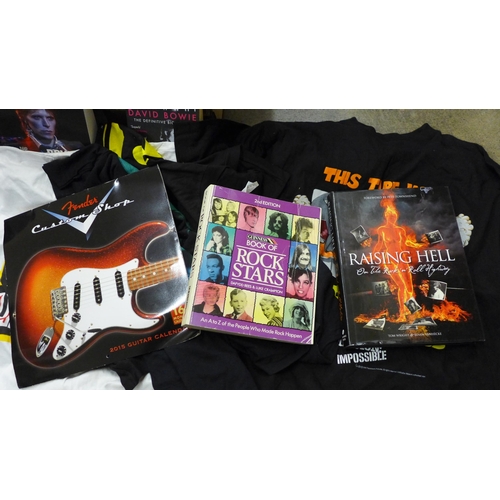 696 - Music related T-shirts, rock music books and two David Bowie books