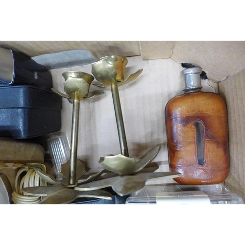 700 - A pair of glass vases, Remington and other shavers, spirit flasks, playing cards, etc.