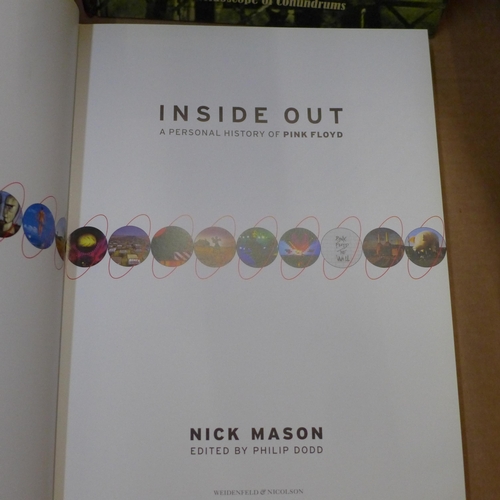 714 - Pink Floyd, a box of books about the band including two copies of Inside Out and several DVDs