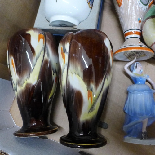 717 - Mixed china, a pair of West German vases, other West German pottery, a lustre clock with budgerigars... 