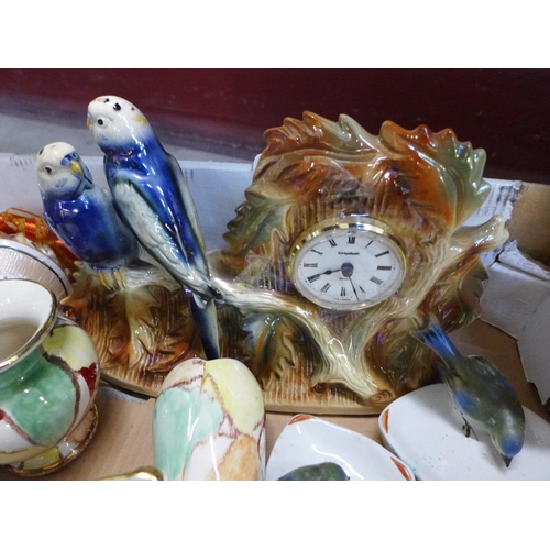 717 - Mixed china, a pair of West German vases, other West German pottery, a lustre clock with budgerigars... 