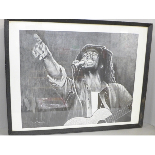 A framed Bob Marley black and white print by Louis Jeacock, 1983 (size 60 x 50cm) **PLEASE NOTE THIS LOT IS NOT ELIGIBLE FOR IN-HOUSE POSTING AND PACKING**