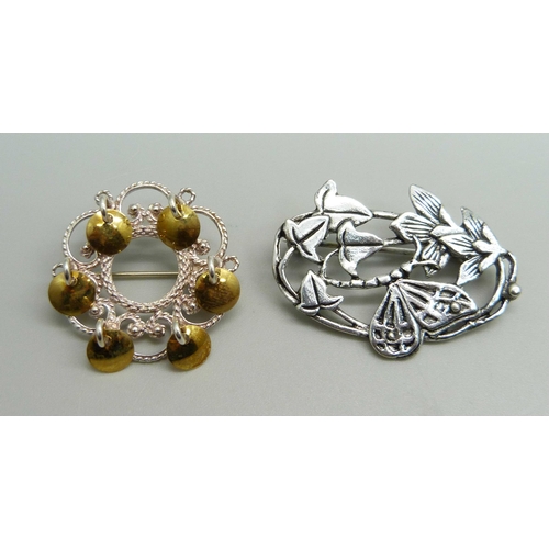 A traditional Norwegian silver solje wedding brooch and one other brooch