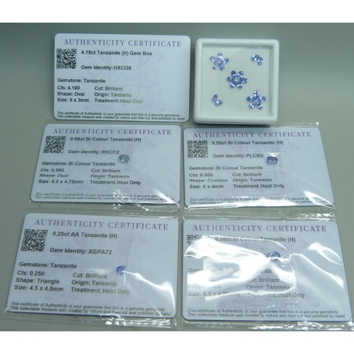 A collection of unmounted tanzanite stones, with certificates