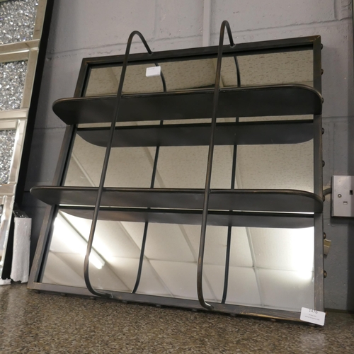 1373 - A black industrial wall mirror with shelves