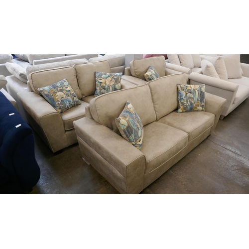 1417 - Champagne vegan leather three seater sofa, two seater sofa and armchair