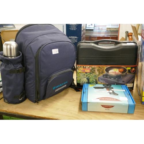 2349 - A Barclays branded picnic bag with cups, knives, forks, cups, plates, blanket, etc. with Sunngas por... 