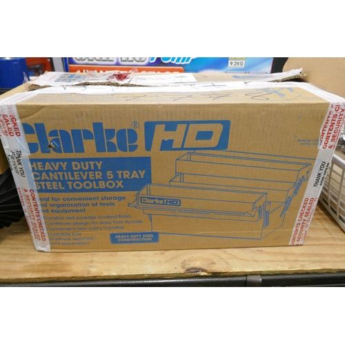 2370 - 6 assorted Clarke items- A Clarke Woodworker CM55R mitre saw stand, A Clarke Air 15m retractable air... 