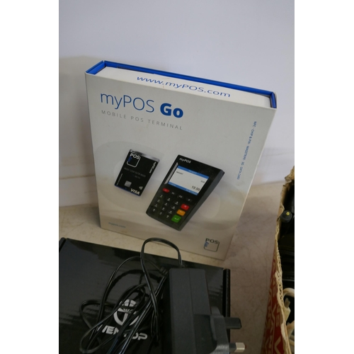 2376 - A quantity of electronic items including a My POS Go Mobile point of sale terminal, a set of RGB LED... 