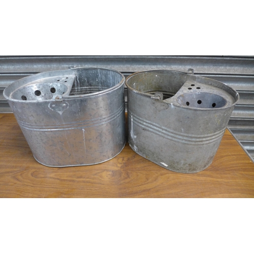 2239 - Two galvanised metal mop buckets, a copper coal scuttle and two large stainless steel jam pans