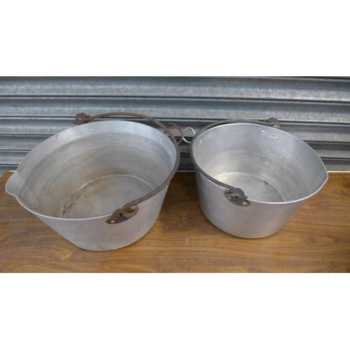 2239 - Two galvanised metal mop buckets, a copper coal scuttle and two large stainless steel jam pans