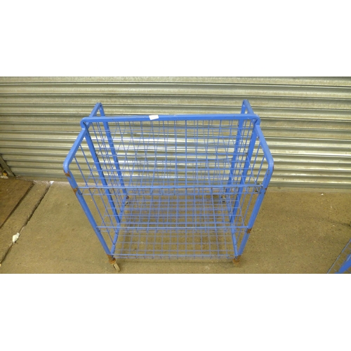 2256 - Two 6 section blue wire mesh workshop trolleys