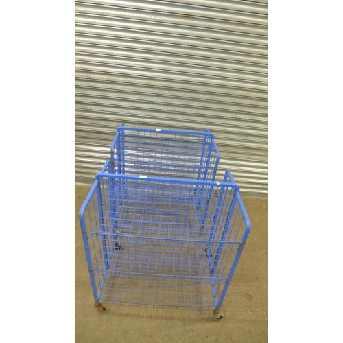 2256 - Two 6 section blue wire mesh workshop trolleys