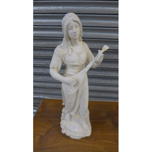 2274 - A stone effect concrete statue of a lady playing a lute with a pedestal base - af