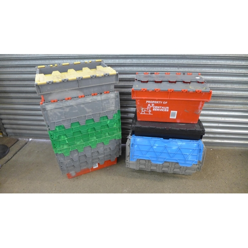 2295 - 13 Assorted plastic stackable tote boxes