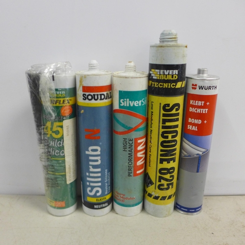 2013 - Fourteen tubes of assorted sealants including Soudal Silirub N neutral silicone, Wurth bind and seal... 