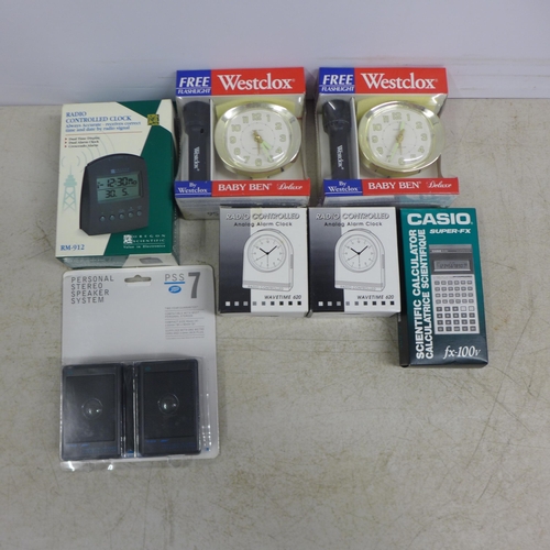 2095 - Five assorted clocks, a Casio Super-FX scientific calculator and a set of Boots PSS7 small personal ... 