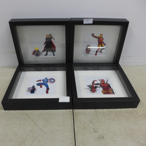 2105 - Four Lego Super Hero framed figures including Deadpool, Captain America, Iron Man and Thor