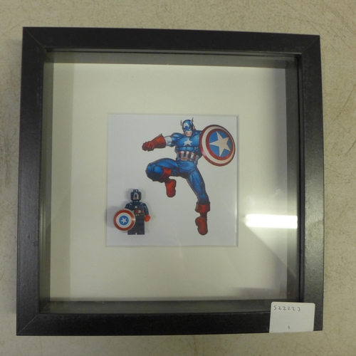 2105 - Four Lego Super Hero framed figures including Deadpool, Captain America, Iron Man and Thor