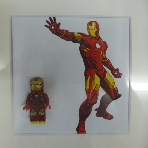 2105 - Four Lego Super Hero framed figures including Deadpool, Captain America, Iron Man and Thor