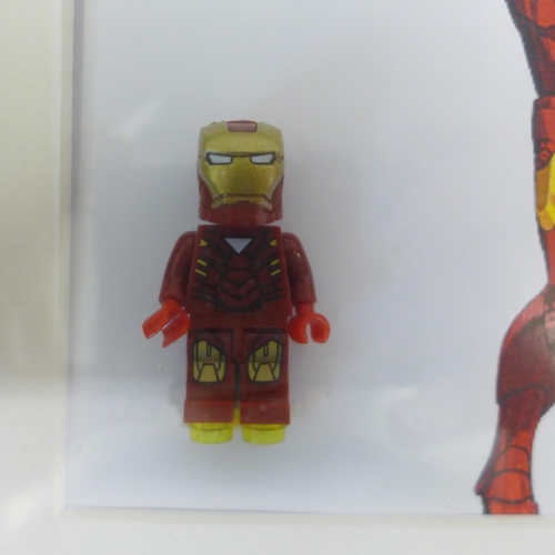 2105 - Four Lego Super Hero framed figures including Deadpool, Captain America, Iron Man and Thor